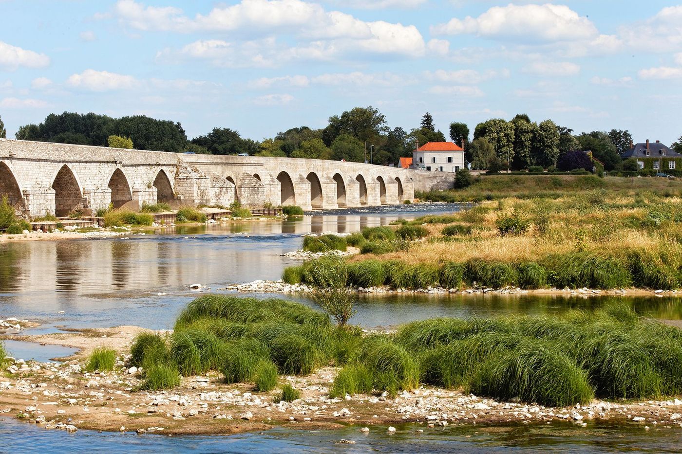 Vue du pont ancien de Beaugency franchissant la Loire, avec les bancs de graviers et la végétation naturelle des berges.