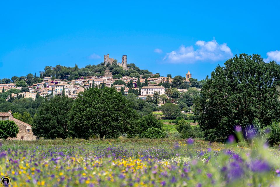 Vue panoramique sur le village perché de Grimaud et les ruines de son château médiéval dans le Var