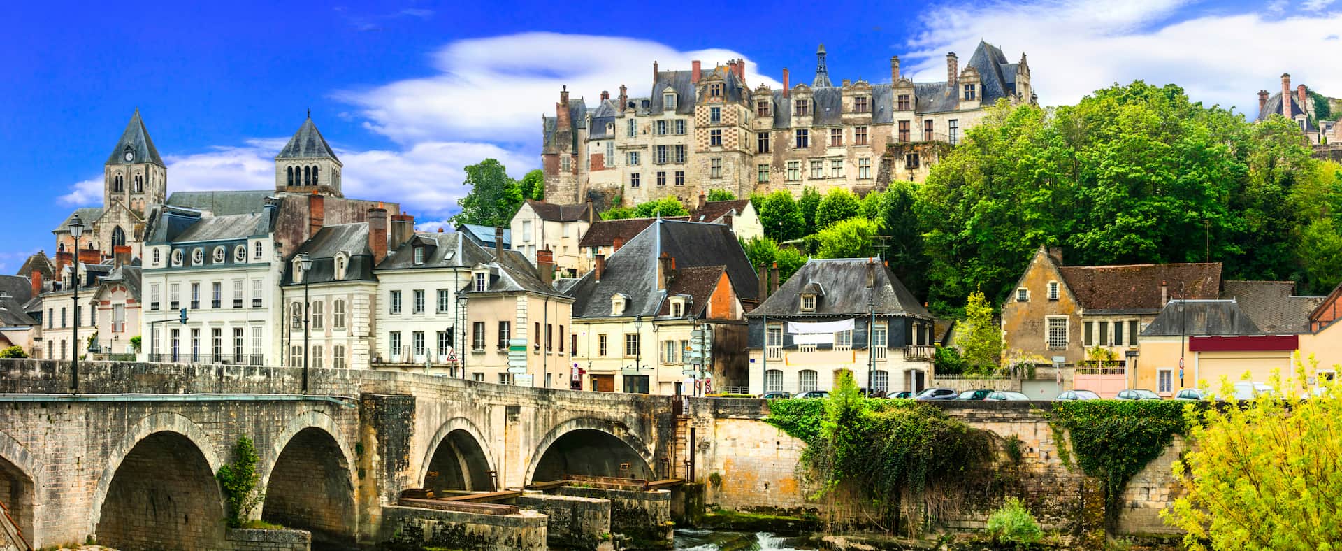 Vue panoramique de Saint-Aignan dans le Loir-et-Cher, avec son château, sa collégiale et les maisons du centre historique.