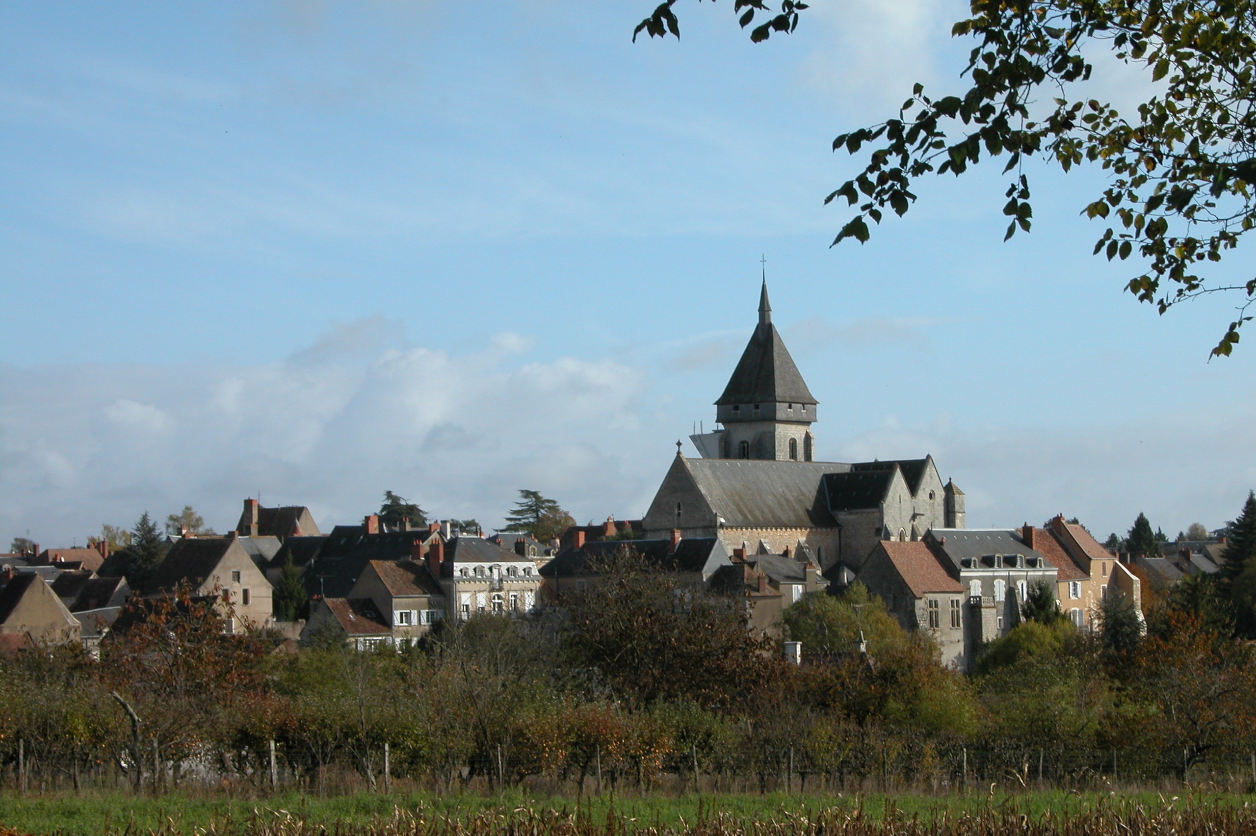 Vue panoramique de Saint-Marcel dans l’Indre, avec l’église dominant les maisons du village et la campagne environnante.