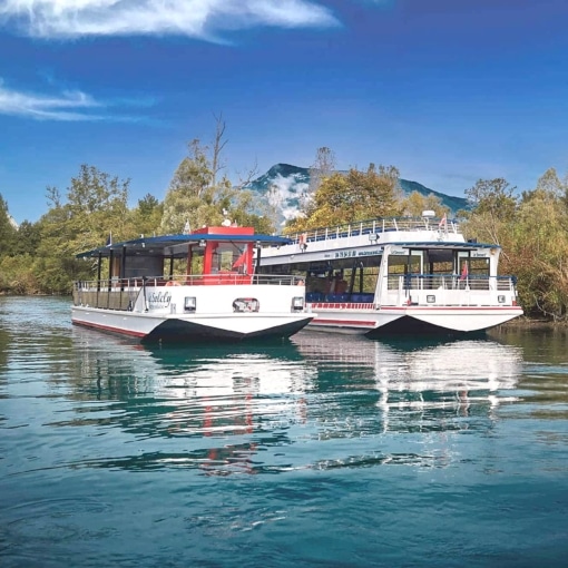 Bateau de croisière naviguant sur le canal de Savières à Chanaz en Savoie, entre nature préservée et montagnes.