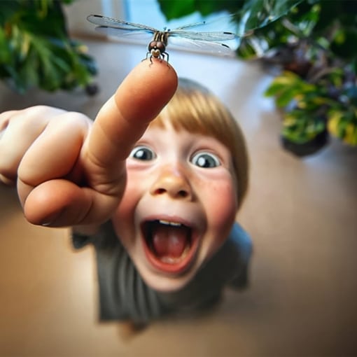 Enfant émerveillé observant une libellule à Micropolis, la Cité des Insectes à Saint-Léons, parc dédié à la découverte du monde des insectes