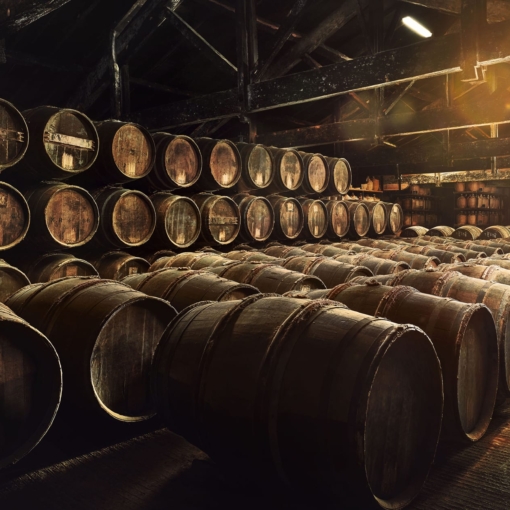 Alignement de fûts en bois dans un chai traditionnel Hennessy à Cognac, éclairé par une lumière dorée.