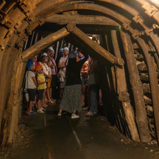Visite guidée de la Mine Témoin d’Alès, groupe équipé de casques explorant une galerie souterraine retraçant l’histoire minière du Gard