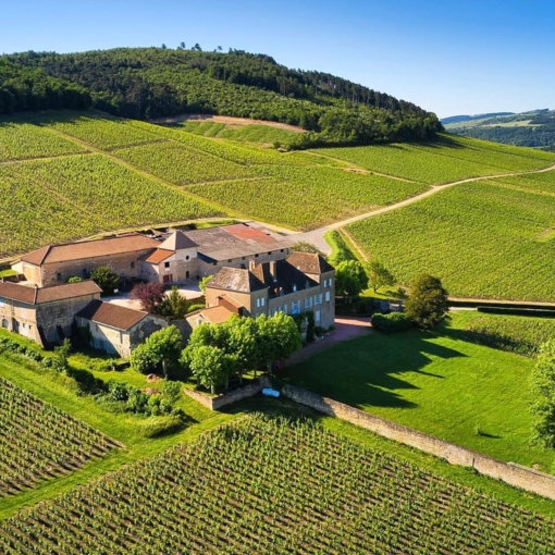 Château de la Greffière entouré de vignes à La Roche-Vineuse au cœur du vignoble mâconnais