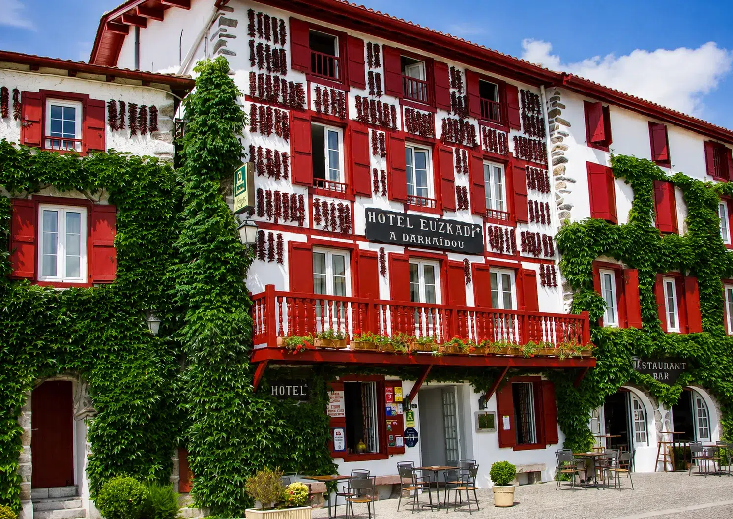 Façade de l’Hôtel-Restaurant Euzkadi à Espelette ornée de piments rouges