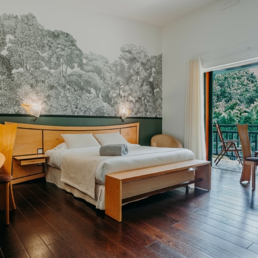 Chambre de l’Hôtel Les Frères Ibarboure à Bidart avec terrasse ouverte sur la nature.